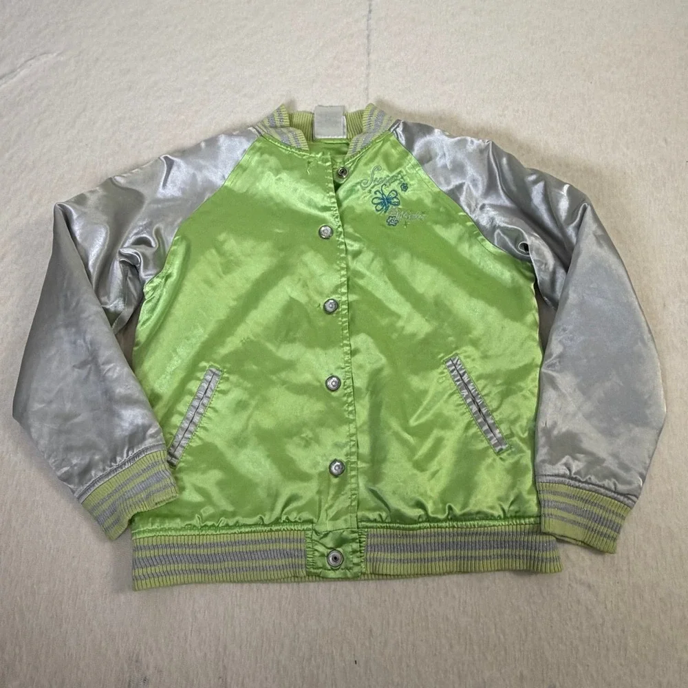 Vintage Disney Store Tinker Bell Satin Bomber Jacket‎ Girls M 7/8 Green Fairy